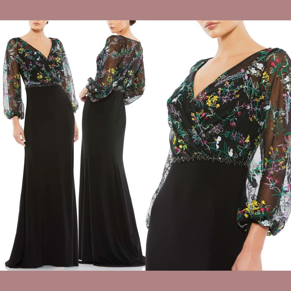 NWT Mac Duggal [‎ 8 ] 79379 Embroidered Illusion Puff Sleeve Column Gown Black